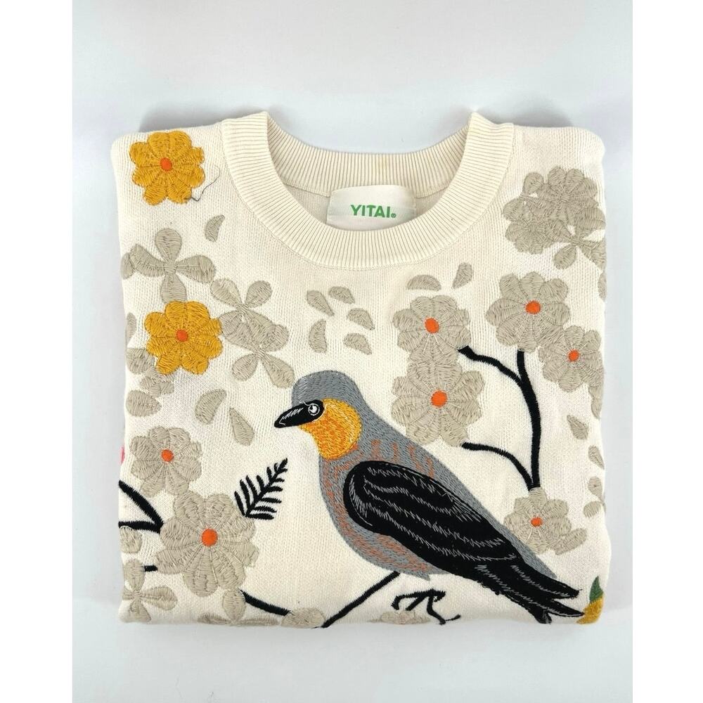 YITAI Songbird Floral Embroidered Crewneck Sweatshirt Size S Cream Heavyweight - Picture 10 of 10